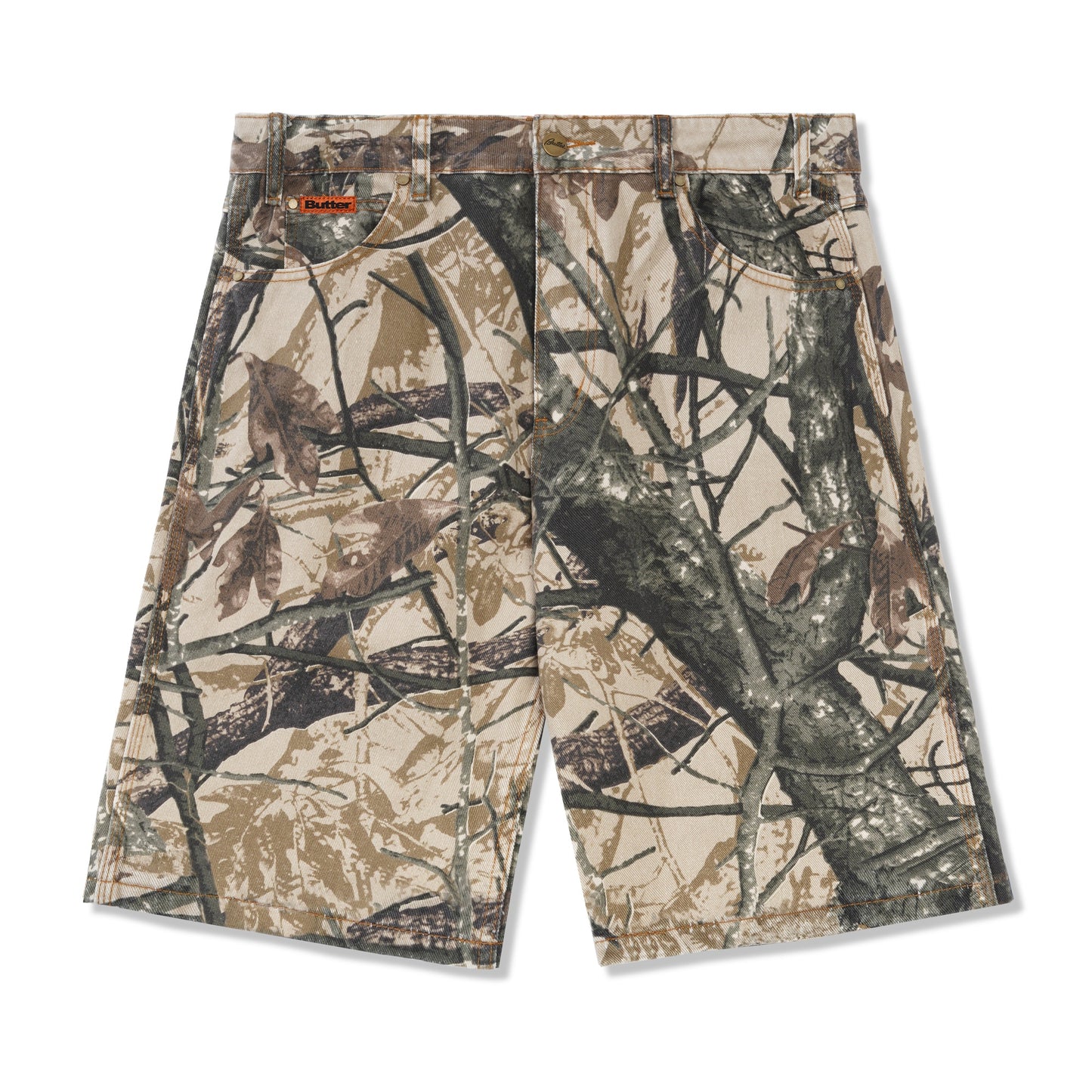 Foliage Camo Denim Shorts, Tan