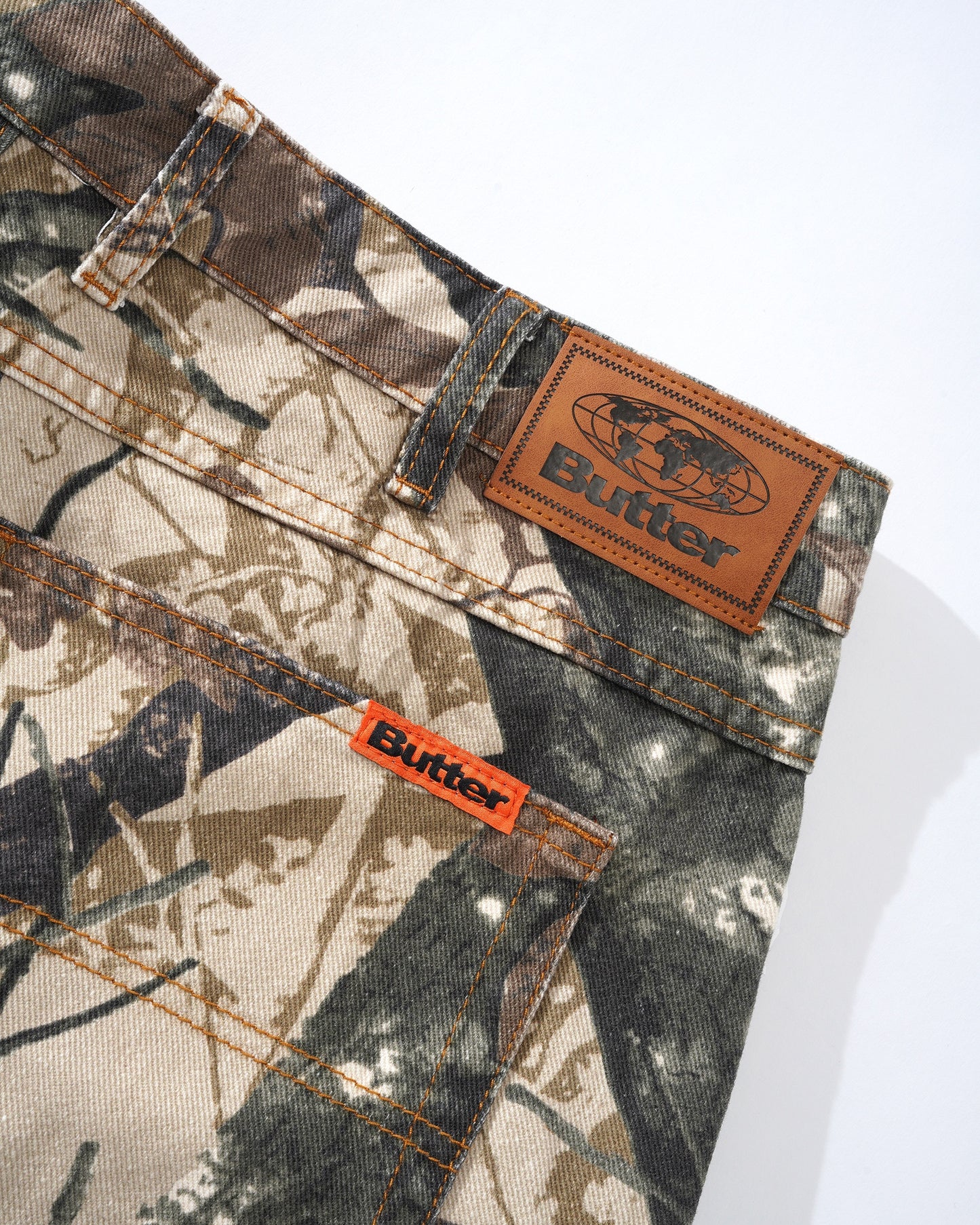 Foliage Camo Denim Shorts, Tan